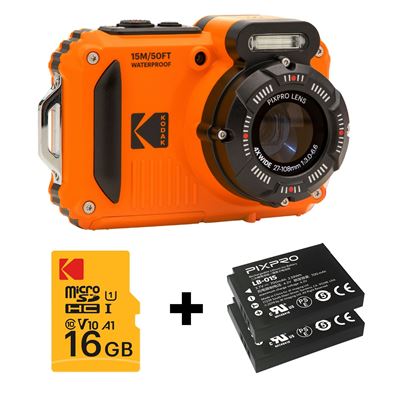 Kodak Naranja Cámara Pixpro Wpz2 Digital, 16Mp, Acuática 15M, + 2 Baterías + 1 Tarjeta Sd 16Gb