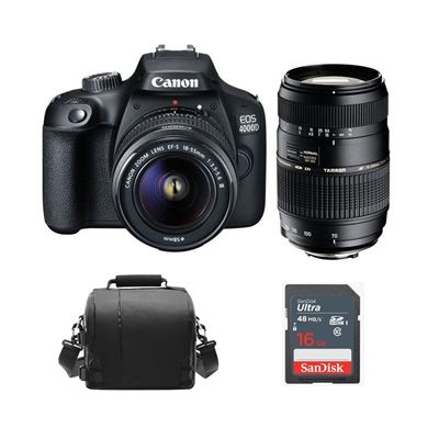 Cámara digital Réflex Canon EOS 4000D 18MP negro KIT EF-S 18-55MM F3.5-5.6 III + Tamron AF 70-300mm F4-5.6 Di LD + bolsa + SD 16GB