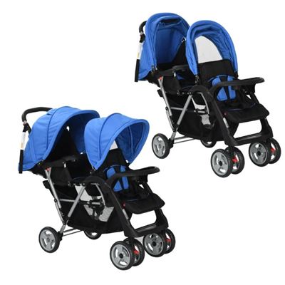 Carrito Para Gemelos Tandem De Acero Azul Y Negro