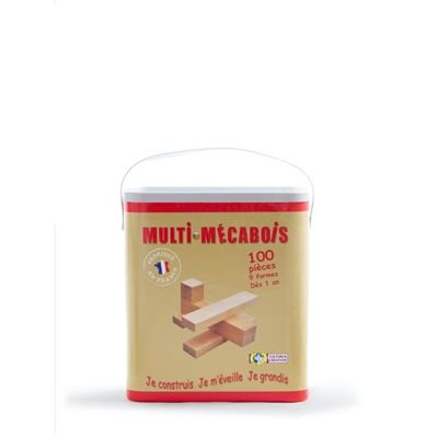 MECABOIS - Barril de 100 piezas - Juegos de construcción de tableros de madera - Hecho en Francia