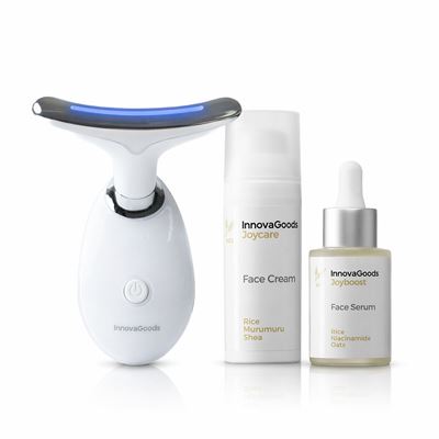 Pack Sérum Facial Rice Joyboost 30 Ml, Crema Facial Hidratante Rice Joycare 50 Ml Y Masajeador Facial Eléctrico Reafirmante Para Cara Y Cuello Con Led, Ems Y Calor Innovagoods