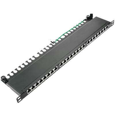 Patch panel RackMatic, rack 24 RJ45 Cat.6A FTP 0.5U negro con peine para gestión de cables