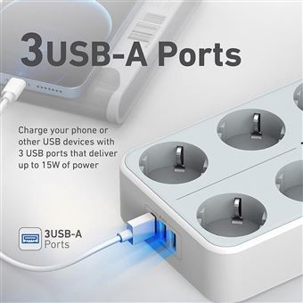 Regleta de 3 enchufes con 2 Puertos USB, Cable alimentacion