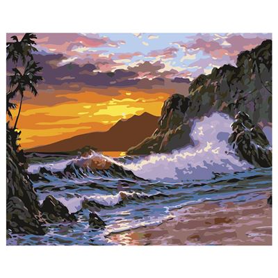 Lienzo Con Dibujo Dam Pintar Números, 40x50cm. Diseño Olas Puesta De Sol. Pinceles Pinturas . Gris Azulado