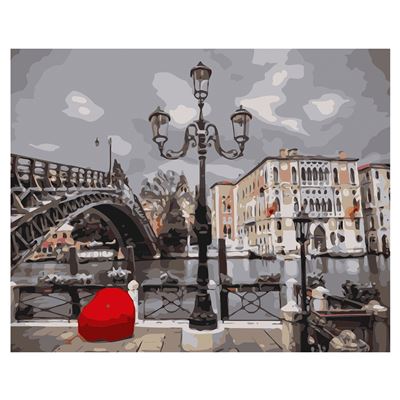 Lienzo Con Dibujo Dam Pintar Números, 40x50cm. Diseño Río Ciudad. Incluye Pinceles Pinturas . Gris Perla