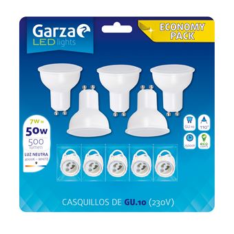 Bombilla LED GU10 7W 110º, 500lm, Luz neutra pack 5 bombillas + 5 casquillos