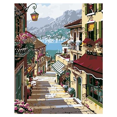 Lienzo Con Dibujo Dam Pintar Números,40x50cm. Diseño Calle Marítima. Incluye Pinceles Pinturas. Marrón Oscuro