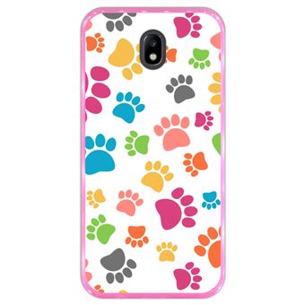 Funda Rosa para Samsung Galaxy J7 2017 - J7 Pro, Diseño Patrón de pata de perro colorido, Silicona Flexible TPU