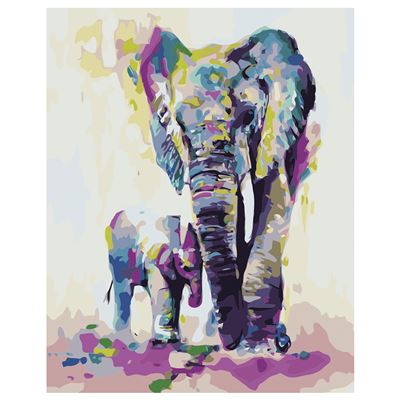 Lienzo Con Dibujo Dam Pintar Números, De 40x50cm. Diseño Elefantes Coloridos. Pinceles Y Pinturas. Morado