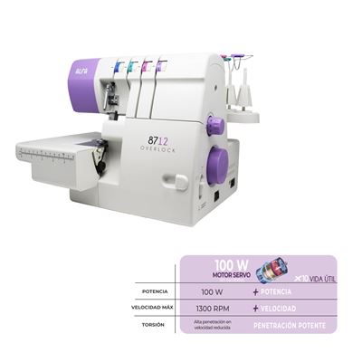 Remalladora Alfa 8712 2/3/4hilos Con Motor Servo Sin Escobillas 1300 Ppm/área De Trabajo Ampliada Blanco