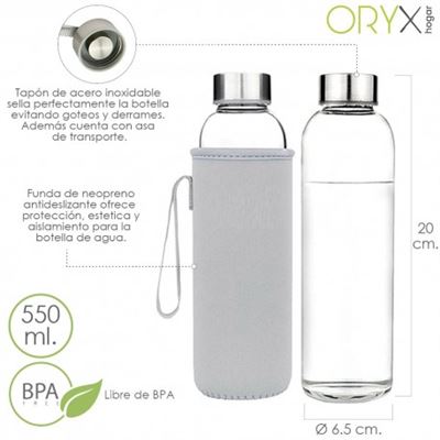 Botella Agua Cristal 550 Ml. Funda Neopreno Con Asa. Sin Bpa