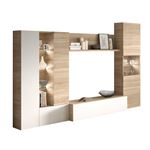 Mueble salon modular en roble y blanco con led