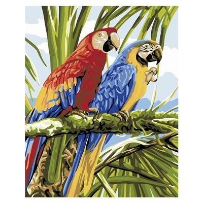Lienzo Con Dibujo Dam Pintar Números 40x50cm. Diseño Loros. Incluye Pinceles Pinturas Necesarias. Mostaza