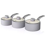 Bateria Cocina Retro SWAN SWPS3020GRN 3 Cazos 16-18-20cm tapas Vidrio inducción antiadherente Cerámica Vintage Gris
