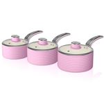Bateria Cocina Retro SWAN SWPS3020PN 3 Cazos 16-18-20cm tapas Vidrio inducción antiadherente Cerámica Vintage Rosa