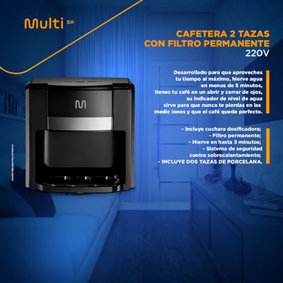 Cafetera Eléctrica con 2 Tazas con Filtro Permanente Multi BE010