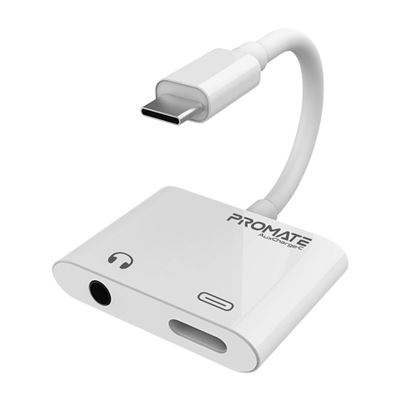 Adaptador USB-C Promate AUXCharge-C conector de auriculares 2 en 1 con conector de carga de alimentación