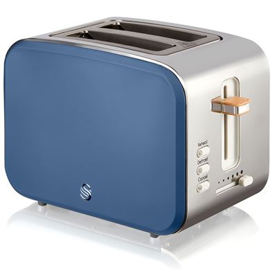 Tostadora Pan Ranura Ancha 2 Rebanadas, 3 Funciones, 6 Niveles De Tostado, Diseño Moderno Acero Inoxidable, Tirador Efecto Madera St14610bluneu Azul