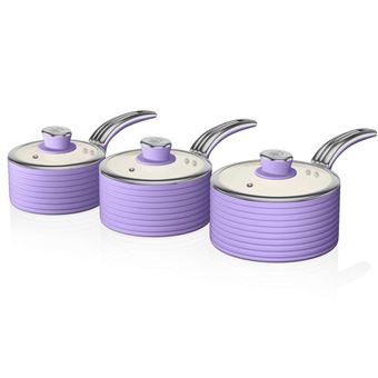 Bateria Cocina Retro SWAN SWPS3020PURN 3 Cazos 16-18-20cm tapas Vidrio inducción antiadherente Cerámica Vintage Morado - 1