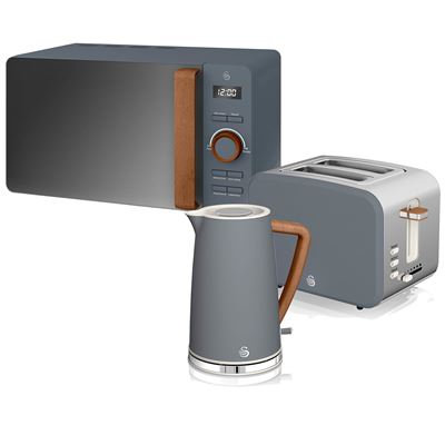 Set Desayuno Hervidor De Agua 1,7l 2200w, Tostadora Pan Ranura Ancha 2 Rebanadas, Microondas 20l Digital, Diseño Moderno, Efecto Madera Strp1060gryneu Gris