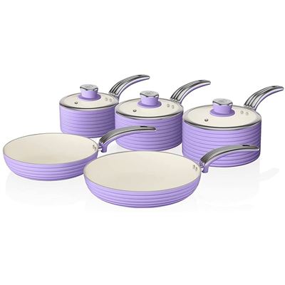 Bateria Cocina Retro SWAN SWPS5020PURN inducción 5 Piezas 2 Sartenes y 3 Cazos antiadherente Cerámica sin PFOAMorado