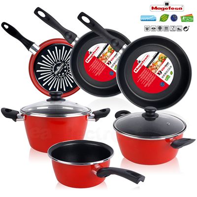 Batería de Cocina 5 piezas + Set Juego 3 Sartenes 18-20-24cm, Acero Vitrificado 820ºC, Libre PFOA