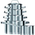 Batería de Cocina Inducción 10 piezas Acero Inoxidable 4 ollas, 1 cazo, 5 tapas cristal, apta para todo tipo de cocinas, libre PFOA Smile MGK11