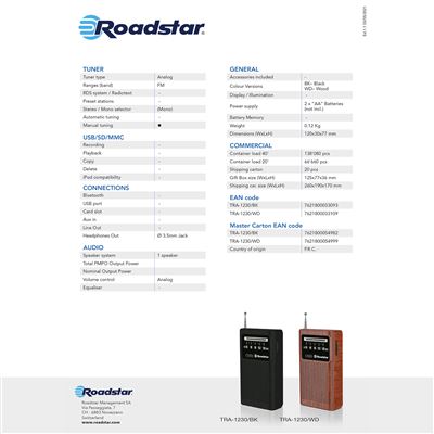 Roadstar TRA-1230BK Radio Portátil FM Analógica, Funciona a Pilas