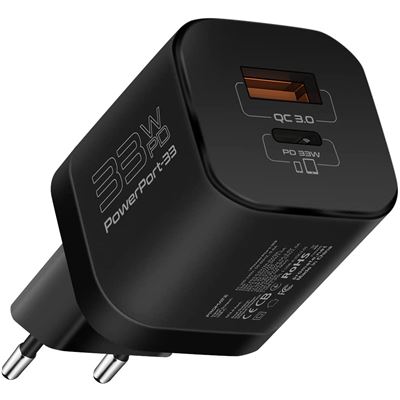Cargador Adaptador GaNFast Promate PowerPort USB-C USB-A PD 33W Qualcomm Quick Charge 3.0