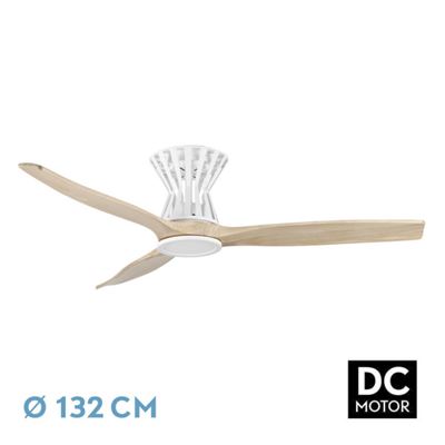 Ventilador De Techo Fabrilamp Led Baltir Regulable Con Control Remoto 18w 3cct 2250lm Ip20 Ø132cm Blanco Y Haya