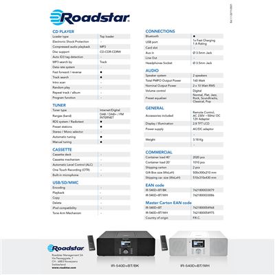 Roadstar , IR-540D+BTBK, Microcadena Radio Internet Wi-Fi DAB+/FM, Reproductor Cd-mp3, Bluetooth, USB Mando a