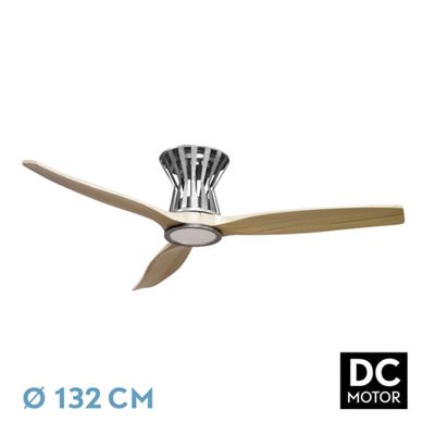 Ventilador De Techo Fabrilamp Led Baltir Regulable Con Control Remoto 18w 3cct 2250lm Ip20 Ø132cm Níquel Y Haya