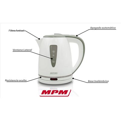 MPM MCZ-100 Hervidor Agua Eléctrico 1,5L, Jarra Cristal, Control Temperatura,  Resistencia Oculta, Base 360º, Transparente, 2200W