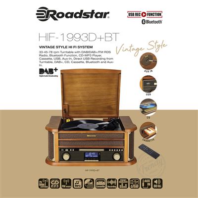 Equipo de Música Hi Fi Tocadiscos de Vinilo Vintage 33/45/78 rpm, Roadstar  HIF-1993D+BT, Radio DAB /DAB+ /FM, Madera - Alta fidelidad - Los mejores  precios