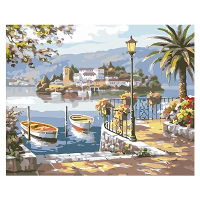 Lienzo Con Dibujo Dam Pintar Números 40x50cm. Diseño Barcas En La Ria. Con Pinceles Pinturas . Naranja Oscuro