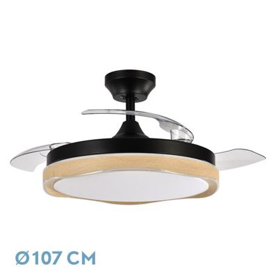 Ventilador De Techo Fabrilamp Led Blondi Regulable Con Control Remoto 72w 3cct 7200lm Ip20 Ø107cm Negro Y Madera