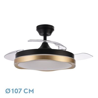 Ventilador De Techo Fabrilamp Led Blondi Regulable Con Control Remoto 72w 3cct 7200lm Ip20 Ø107cm Negro Y Oro