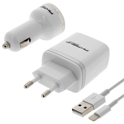 Cargador 2x USB + cargador coche 2.1A 2x USB + Cable Lightning, Akashi - Blanco