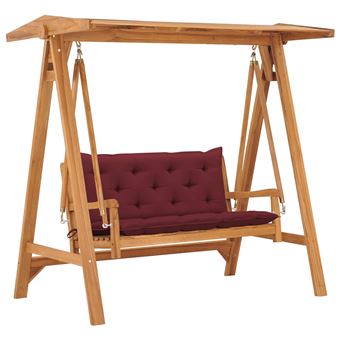 Banco columpio madera maciza de teca vidaXL con cojín rojo vino 170 cm