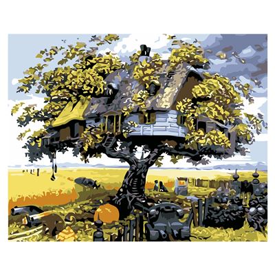 Lienzo Con Dibujo Dam Pintar Números, 40x50cm. Diseño Casa Árbol. Incluye Pinceles Y Pinturas Necesarias. Oro