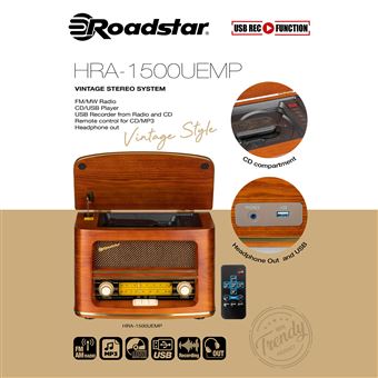 Radio CD Portátil Vintage FM/ MW, Roadstar HRA-1500UEMP, Reproductor CD-MP3,  USB Función Grabación - Radio CD estéreo - Los mejores precios