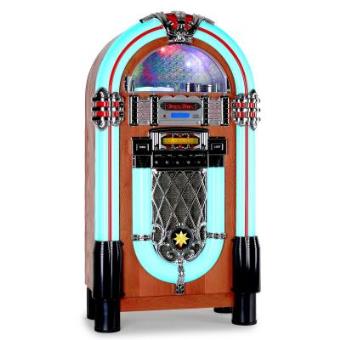 auna Graceland XXL Jukebox vintage (USB, SD, AUX, reproductor CD compatible con MP3, radio FM AM, iluminación LED, decoración madera, estilo diseño años 50)
