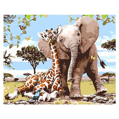Lienzo Con Dibujo Dam Pintar Números 40x50cm.diseño Elefante Jirafa.con Pinceles Y Pinturas.pitón Blanco Negro