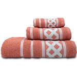 Juego Toallas Baño,100% Algodón,Rizo 450gr,3 Piezas Ducha Sábana-Manos-Tocador, Cenefa Rombos Briebe AMAZONICA BASIC Coral