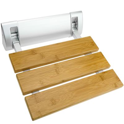 Asiento de ducha abatible PrimeMatik, Silla plegable para ancianos de madera bambú y aluminio 320x328mm