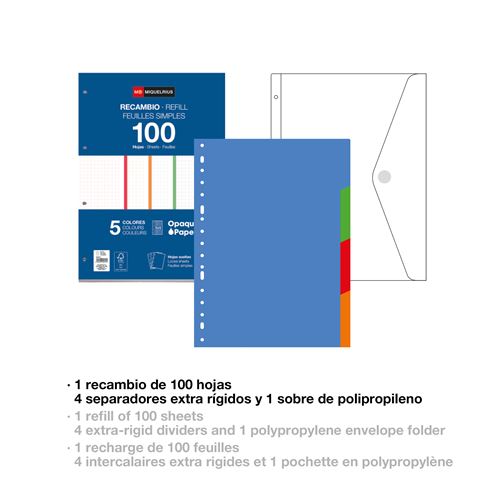 Miquelrius Carpeblock Plastique Polyfoam A4 4 Anneaux - Recharge 100 Feuilles + Accessoires Inclus