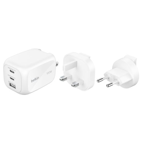 Cargador De Pared Belkin Boostcharge Pro Gan Con 3 Puertos De 100w + Kit De Adaptadores De Viaje Blanco