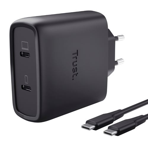 Trust Negro Cargador De Pared Maxo 2 Puertos Usb-C Pd Gan 65W + Cable De 2M