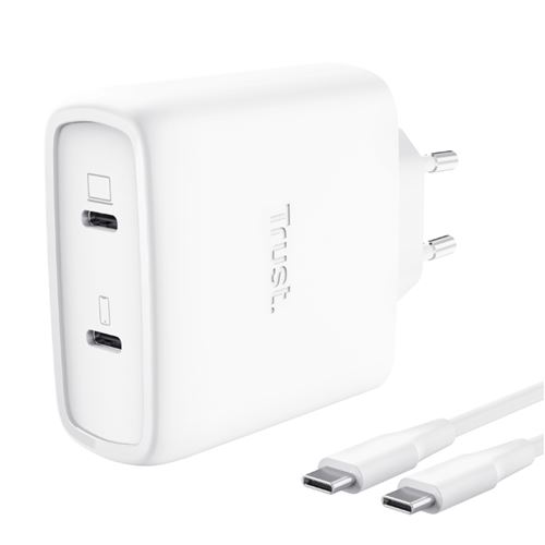 Trust Blanco Cargador De Pared Maxo 2 Puertos Usb-C Pd Gan 65W + Cable De 2M