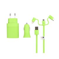 Kit Muvit Cargador coche + Cargador casa + Cable micro USB/USB-C y Lightning Verde